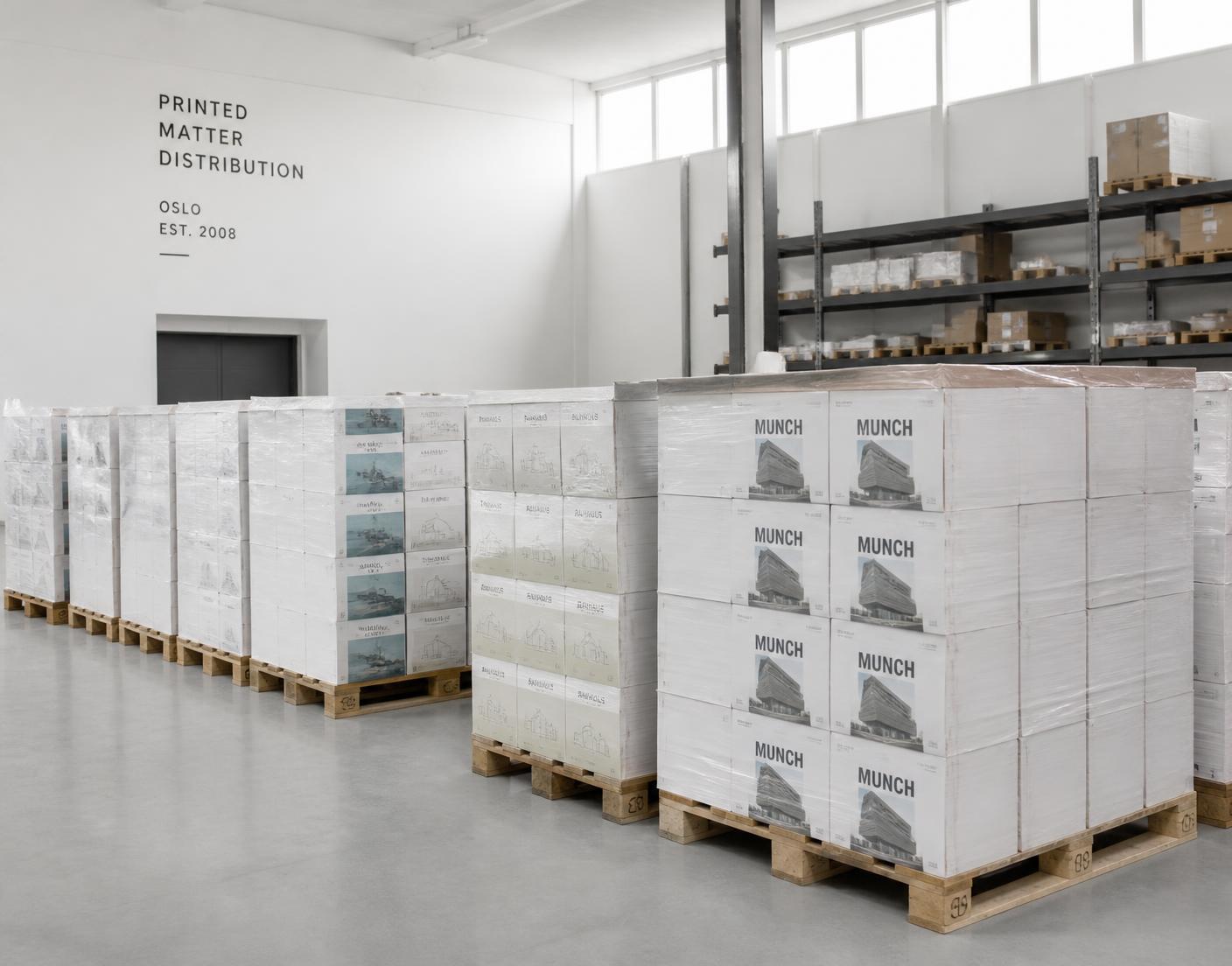 Neatly stacked pallets of printed brochures in a bright distribution warehouse